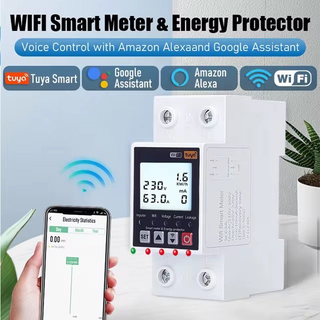 TUYA WiFi Smart 63A AC 220V Over Under Circuit Earth Leakage Voltage Protector Relay Device Breaker Switch Meter