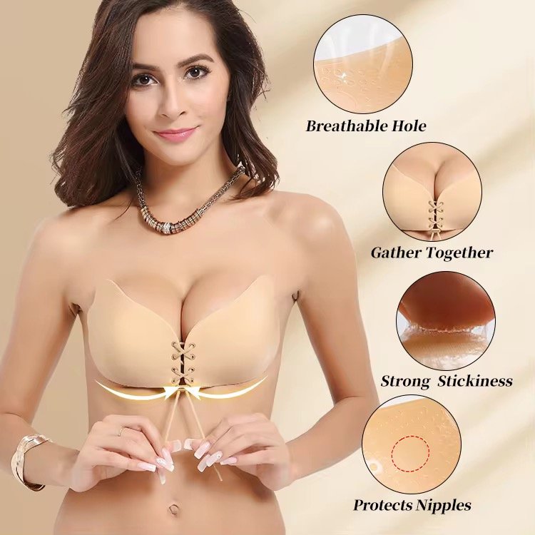 Super Sticky Self-Adhesive Push-up Bra Invisible Backless Breast Lift Deep V-shaped Cleavage Sexy Reusable Strapless Bra Gather
