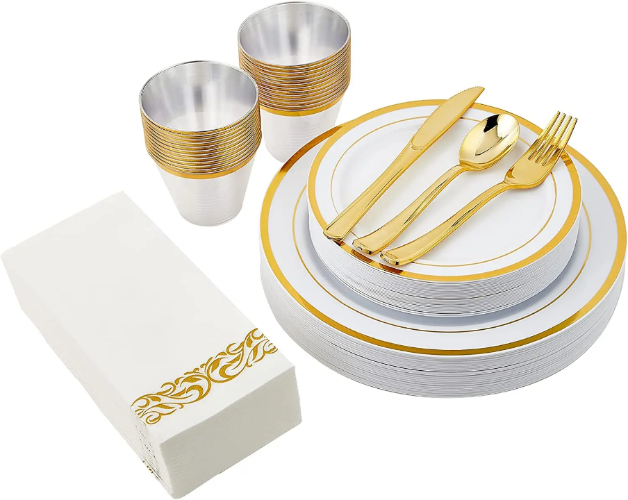 175 pcs disposable dinnerware set plates , cups and accessories for wedding party 25 guest