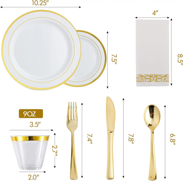 175 pcs disposable dinnerware set plates , cups and accessories for wedding party 25 guest