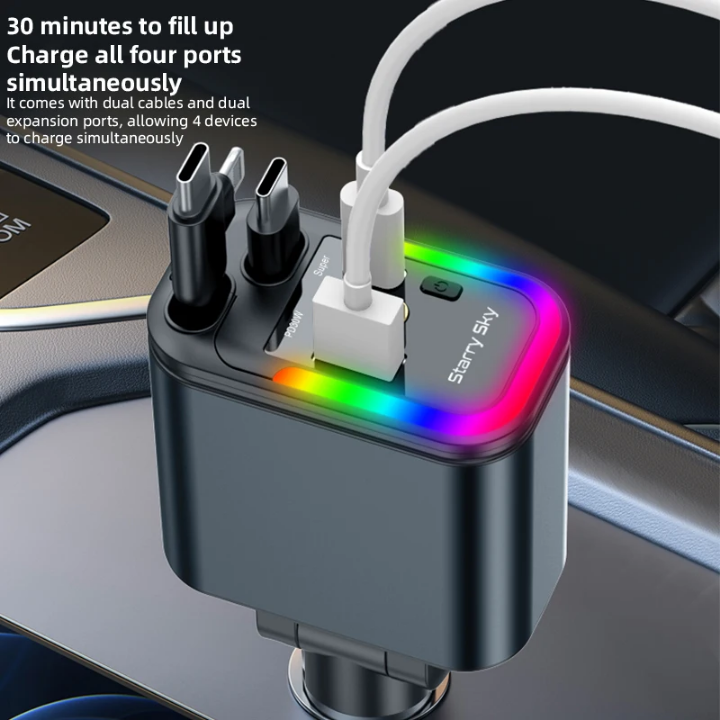Universal 5 in 1 retractable car charger led star light  headliner 180w fast charger type c android laptop iPhone