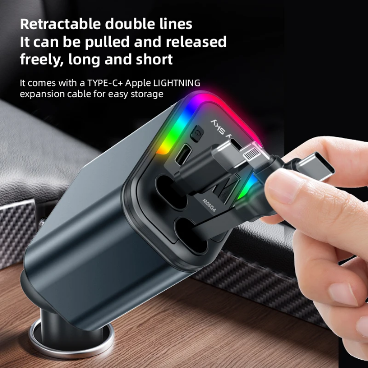 Universal 5 in 1 retractable car charger led star light  headliner 180w fast charger type c android laptop iPhone