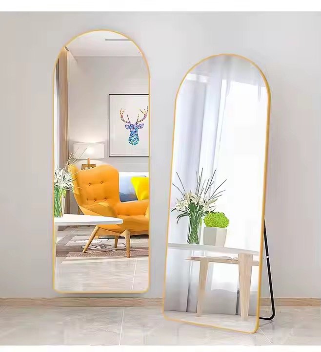 Supply High Grade Large Gold Arched Wavy Metal Framed Body Floor Standing Dressing Living Room Hotel Full-Length Mirror