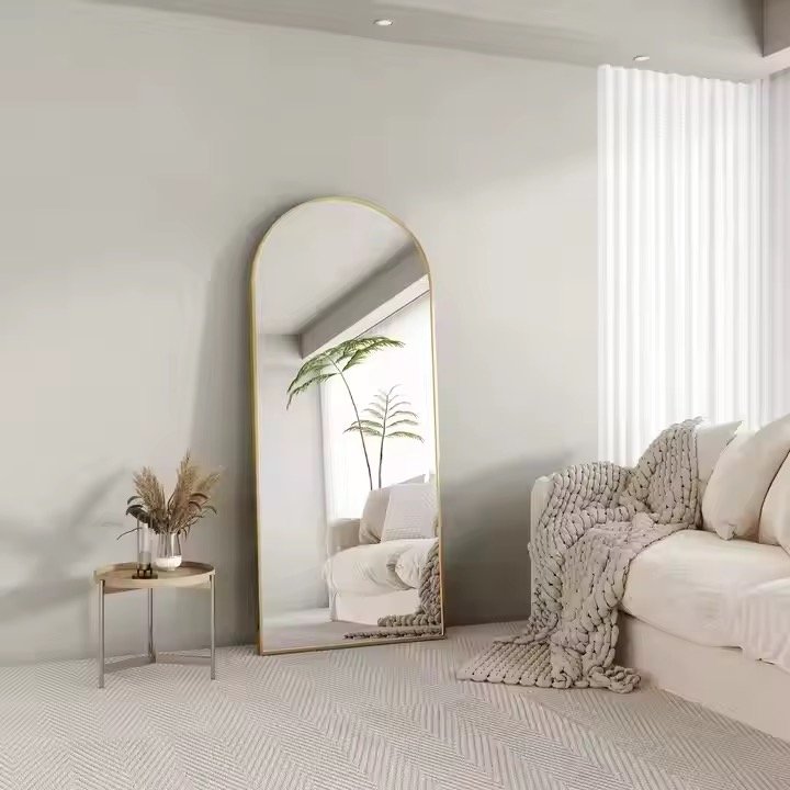Supply High Grade Large Gold Arched Wavy Metal Framed Body Floor Standing Dressing Living Room Hotel Full-Length Mirror